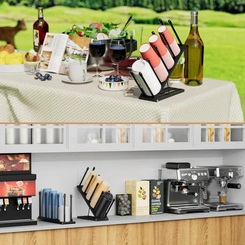 Miniatura 7 de OVICAR Soporte para tazas y tapas, organizador ajustable para tazas de café, dispensador de tazas desechables de 4 compartimentos, con cesta de Negro
