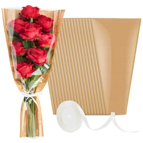 Mauproy Paquete de 50 bolsas de flores para ramos de flores, papel de regalo de flores, fundas de papel kraft con cintas para graduación,