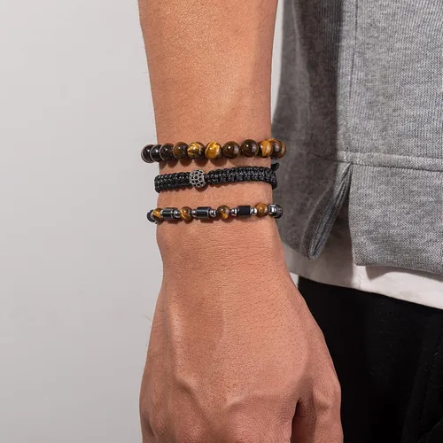 Miniatura 4 de Juego de pulseras de cuentas para hombre de 0.315 in y 0.157 in de piedras preciosas curativas trenzadas con dije de circonita cúbica, pulsera
