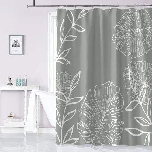 Cortina de ducha de tela verde salvia, con hojas de Monstera tropical, para decoración de baño, con ganchos, impermeable, minimalista, botánica,