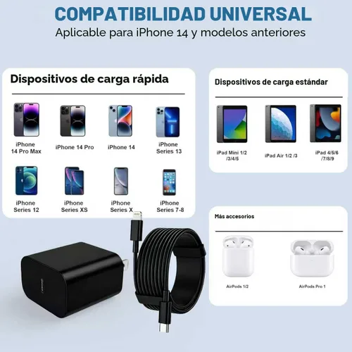 Miniatura 2 de FEEL2NICE Cargador de iPhone de carga rápida, paquete de 2 bloques de carga de pared tipo C con 2 unidades [6 pies y 10 pies] cable USB C a Negro