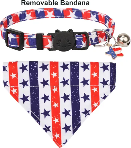 Miniatura 5 de ADOGGYGO Collares de gato con bandera americana separables con bandana extraíble, collar de bandana ajustable del 4 de julio para gatos y gatitos