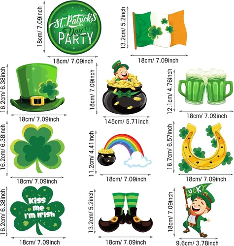 Miniatura 3 de 30 piezas de decoración colgante del día de San Patricio, trébol irlandés de la suerte, trébol, duende, herradura, letrero de papel de aluminio
