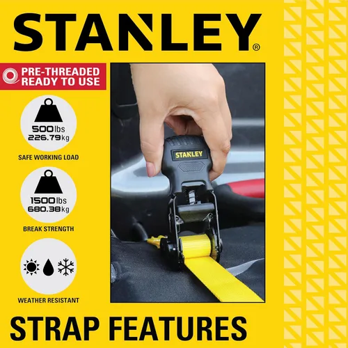 Miniatura 4 de STANLEY S10002-12 Correas de trinquete negras/amarillas de 1" X 12' - Carga de trabajo segura de 500 LBS / Fuerza de rotura de 1,500 LBS, paquete