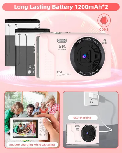 Miniatura 7 de Cámara digital 5K para fotografía, cámara de videoblogs WiFi de 72 megapíxeles con enfoque automático para videos de YouTube con zoom digital 16X