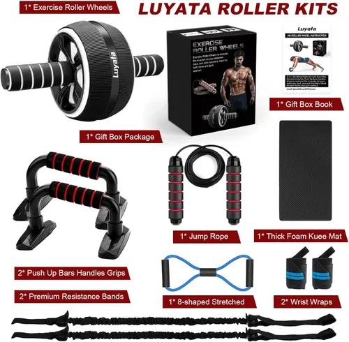 Miniatura 6 de Rueda para abdominales, kit de ruedas de ejercicio abdominal 10 en 1 con bandas de resistencia, alfombrilla para rodillas, cuerda de saltar, barra