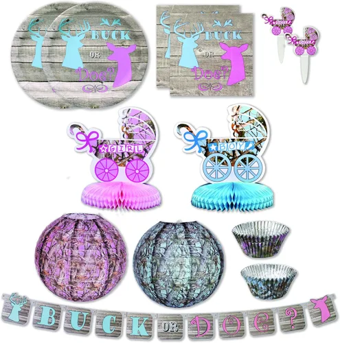 Fiesta de revelación de género para 24 invitados. El juego de lujo incluye 24 platos, 32 servilletas, 72 tazas para cupcakes, 24 púas de fiesta, 2
