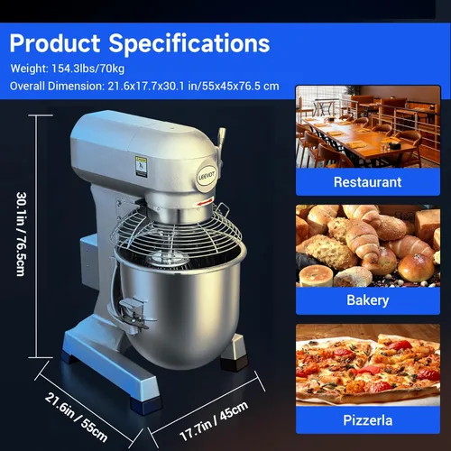 Miniatura 5 de Mezclador comercial de alimentos de 30 cuartos de galón, 1250 W, mezclador comercial de 3 velocidades ajustable con función de temporizador, Plateado
