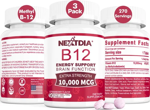 Miniatura 10 de Vitaminas B12 de 10,000 mcg, sublingual de vitamina B12 metilada, aumento de energía, enfoque, metabolismo y apoyo a la salud cerebral, apoyo al