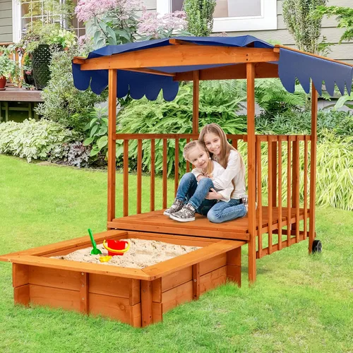 Miniatura 9 de HONEY JOY Caja de arena 3 en 1 para niños con casa de juegos y toldo, madera de cedro sin fondo para patio trasero con ruedas, barandillas