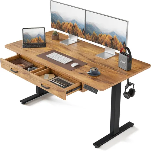 Miniatura 17 de FEZIBO Escritorio de pie de 48 x 24 pulgadas con altura ajustable, escritorio eléctrico de pie con doble cajón, escritorio de oficina en casa con 4