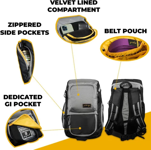Miniatura 3 de Mochila dorada BJJ para Jiu Jitsu – Bolsa de deporte muy resistente con bolsillo impermeable de tejido de GI Gris