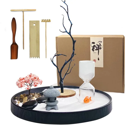 Jardín Zen de escritorio con reloj de arena recargable y peces koi – Kit de jardín de rocas japonés en miniatura con arena, rastrillo y accesorios –