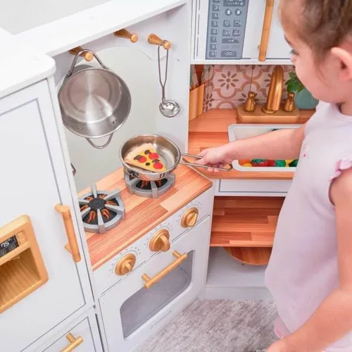 Miniatura 7 de KidKraft Ultimate - Cocina de esquina de madera con luces y sonidos, teléfono de juego y cortinas, blanco Lazy Susan, cortinas, se adapta a dos