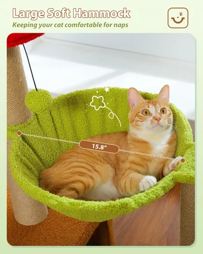 Miniatura 4 de MUTTROS Árbol para gatos con flores con postes rascadores de sisal, linda torre para gatos de 35" con hamaca verde grande para gatos pequeños