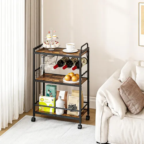 Miniatura 8 de Carrito de bar, carrito de servir para el hogar, carrito de microondas, carrito de bebidas, estante de cocina móvil con estante para vino y soporte