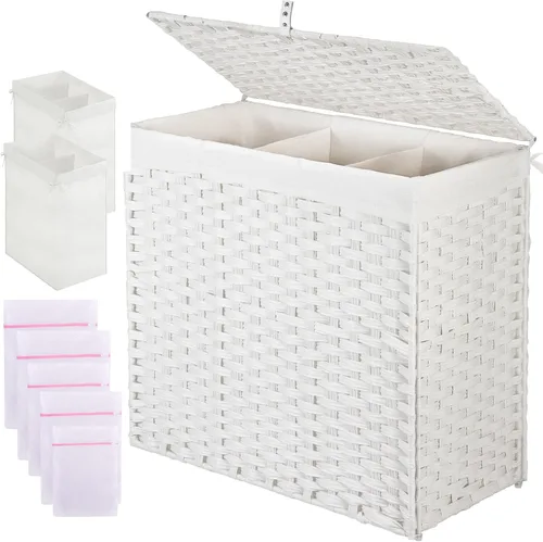 Miniatura 12 de Greenstell Cesta de ropa sucia con tapa, cesta grande de ropa de 125L con 3 secciones y bolsas de forro extraíbles de 2 secciones y 5 bolsas de Negro