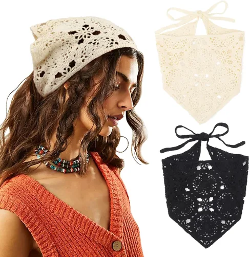 DRESHOW Floral Crochet Hair Bandana 2 PCS Tie Knotted Headscarf Vintage Headband Knitted Head Kerchief for Women&Girls