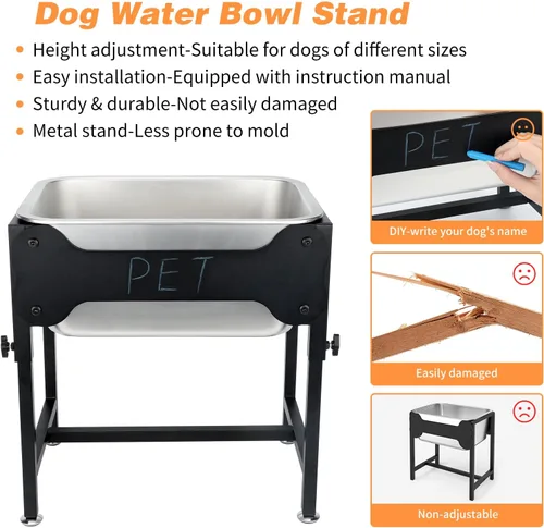Miniatura 7 de Cuenco elevado de agua grande para perros de 3 galones, 4 cuencos elevados de acero inoxidable de altura ajustable con soporte, cuenco de agua