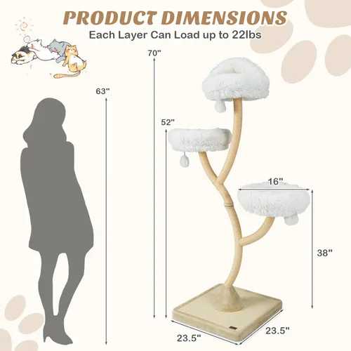 Miniatura 3 de Tangkula Árbol alto para gatos, torre grande de varios niveles para gatos de 70 pulgadas con 3 perchas cálidas, 3 bolas de tintineo, postes