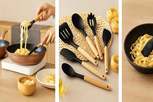 Miniatura 7 de Juego de utensilios de cocina de silicona, sin BPA, no tóxico, antiadherente, resistente al calor hasta 446 °F, asas de madera antiarañazos + Negro