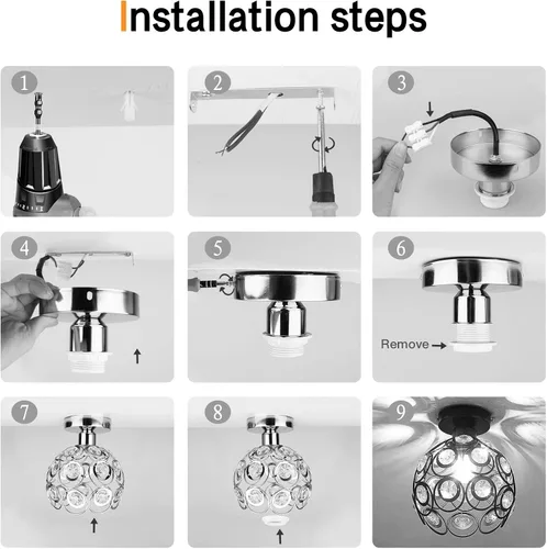 Miniatura 7 de Lámpara de araña mini plateada, lámpara de techo de cristal, luces de pasillo semiempotradas, pequeñas cubiertas de lámpara de araña de metal hechas