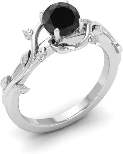 Miniatura 2 de Foreverblings Anillo de plata de ley 925, ónix negro, hojas de vid, anillo redondo de ónix negro, anillo de promesa, anillo de compromiso, regalo