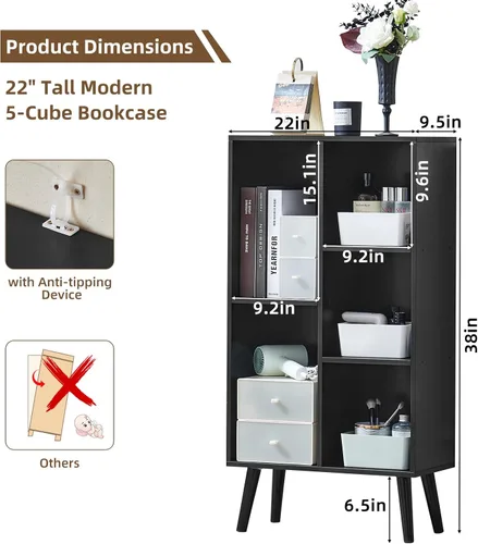 Miniatura 2 de LEYAOYAO Estantería de 5 cubos de 3 niveles con patas, estante negro menta para libros para niños, bonito organizador de almacenamiento, estantes