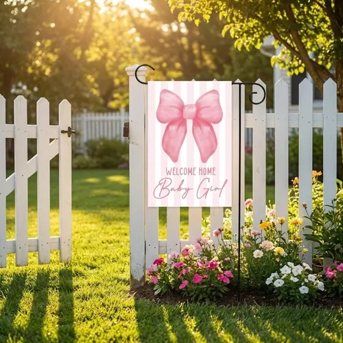 Miniatura 5 de Bandera de jardín de bienvenida a casa de doble cara para bebé, 12 x 18 pulgadas, pancarta rosa para decoración al aire libre, revelación de género