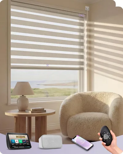 Miniatura 37 de Graywind Persianas motorizadas de cebra para ventanas, persianas inteligentes 100 % opacas con control remoto, persianas de cebra personalizadas