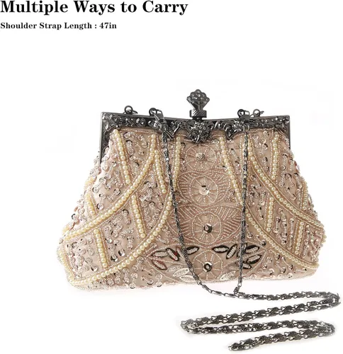 Miniatura 6 de DA BODAN Bolso de noche para mujer estilo vintage con cuentas y lentejuelas y perlas bolso de hombro para boda novia fiesta de graduación