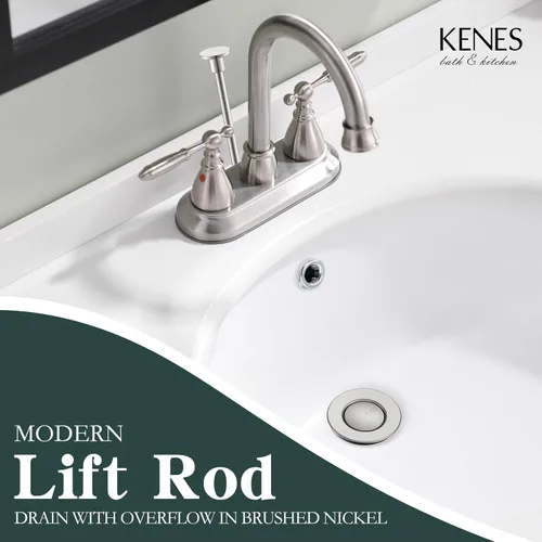 Miniatura 2 de KENES Conjunto de tapón de drenaje para lavabo de baño con varilla de elevación, drenaje de lavabo de níquel cepillado con desbordamiento, conjunto