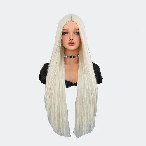 Miniatura 13 de Peluca de 22 pulgadas de largo y lacia con flequillo de cortina para mujer, cabello sintético negro, resistente al calor, para fiesta, cosplay, Té