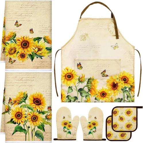 Bencailor Juego de ropa de cocina de girasol de 7 piezas, incluye delantal, 2 toallas, guante de horno, 2 soportes para ollas, núcleo de cabaña,