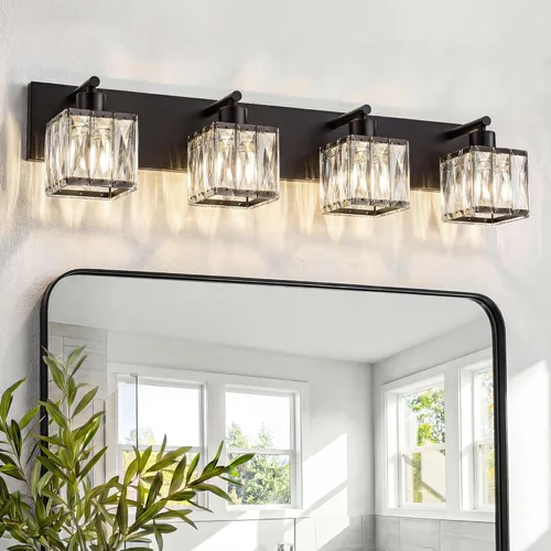 Miniatura 28 de VOLISUN Luces de tocador de cristal – 4 luces modernas de acero inoxidable para baño sobre espejo, acabado cromado – Certificado UL