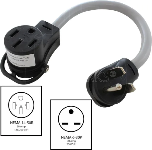 Miniatura 2 de AC WORKS Adaptador de Carga para Vehículo Eléctrico para Uso en Tesla (Unidad de 30A 250V CA de 6-30 para Tesla)