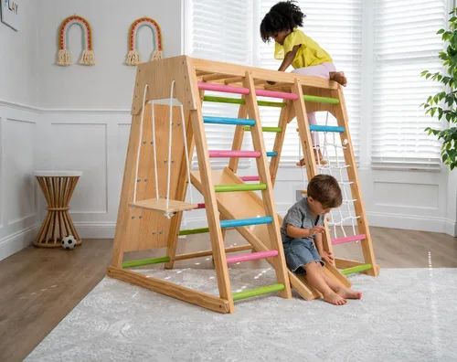 Miniatura 4 de Avenlur Magnolia Zona de juegos para interiores 7 en 1, gimnasio de la selva para niños de 2 a 6 años - Tobogán, pared de escalada, escalador