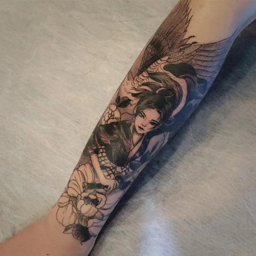 Miniatura 6 de 6 hojas de tatuajes temporales de geisha japonesa para adultos, calcomanías de tatuaje falsas de grúa de flores de geisha, arte corporal impermeable
