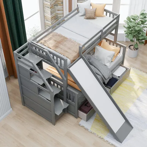 Miniatura 7 de DNYN Cama alta de tamaño matrimonial con escritorio, estantes y escalera para niños y adultos, marco de cama de madera maciza, cama alta