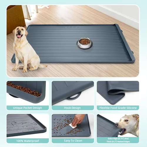 Miniatura 5 de Tapete para comida y agua para perros, tapete grande de alimentación de mascotas de 39.4 x 27 pulgadas con bolsillo para recolección de residuos