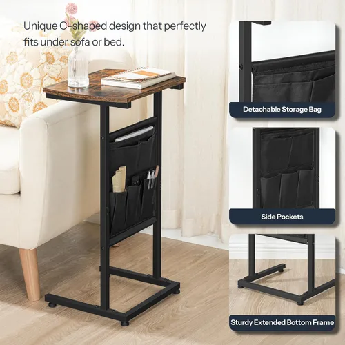 Miniatura 7 de HOOBRO Mesa auxiliar en forma de C, mesa auxiliar de 28.3 pulgadas para espacios pequeños, mesa de sofá con bolsa de almacenamiento, mesa auxiliar