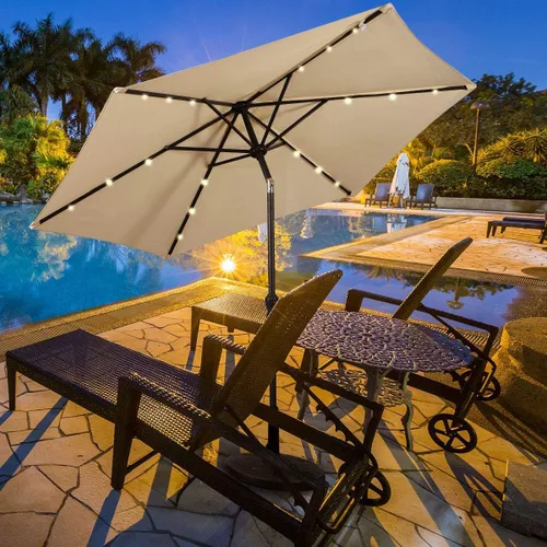 Miniatura 2 de HAPPYGRILL Paraguas de patio con luces solares, sombrilla de mesa al aire libre con manivela inclinable para mercado, jardín, patio, piscina Beige