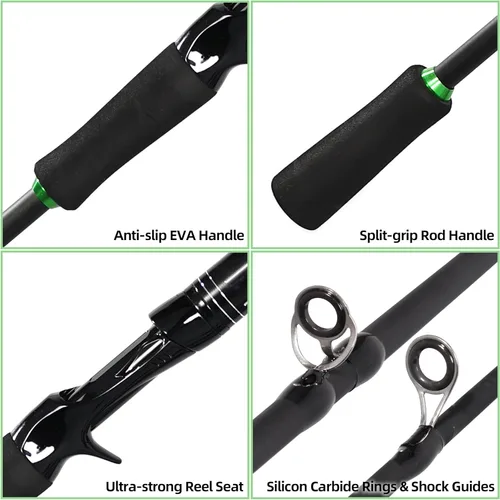 Miniatura 4 de Kilitn Combo de caña de pescar y carrete, carrete de cebo de color verde, caña de cebo de 2 piezas, fibra de vidrio duradera con cómodo mango de EVA