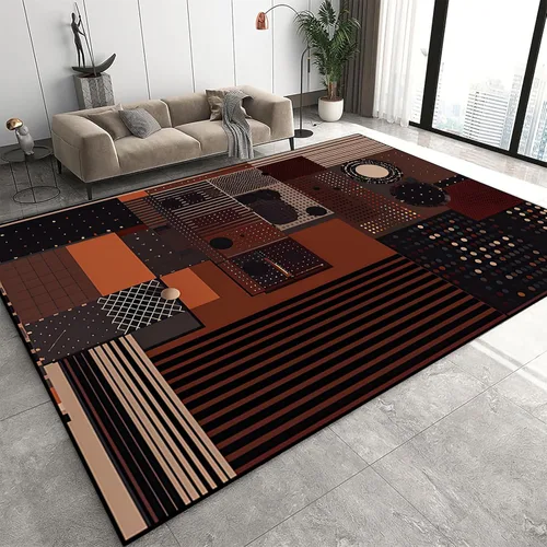 Miniatura 2 de Alfombra geométrica abstracta negra/marrón/naranja de 6x8 pies - Alfombra lavable multicolor moderna retro, alfombra antideslizante