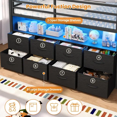 Miniatura 3 de BTHFST Cama tipo loft tamaño twin para niños, 8 cajones de almacenamiento y luces LED, cama de metal en forma de casa con estantería, escalera