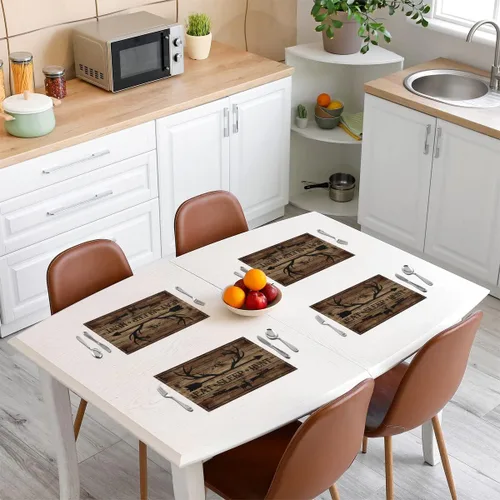 Miniatura 3 de Juego de 4 manteles individuales abstractos con flechas estilo granja, cabaña, ciervos salvajes, cornamentas, para cocina, comedor, decoración