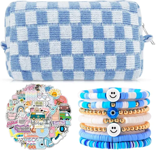 Miniatura 8 de Set de bolsa de maquillaje a cuadros Preppy con 7 pulseras Heishi y 50 pegatinas rosas, linda bolsa de viaje para cosméticos, regalos perfectos