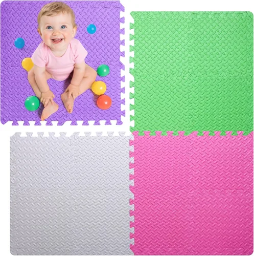 Miniatura 15 de Coolcandy Tapete de juego de espuma para bebé, 16 piezas con tiras de borde, azulejos de piso entrelazados de 4 colores, tapete de piso