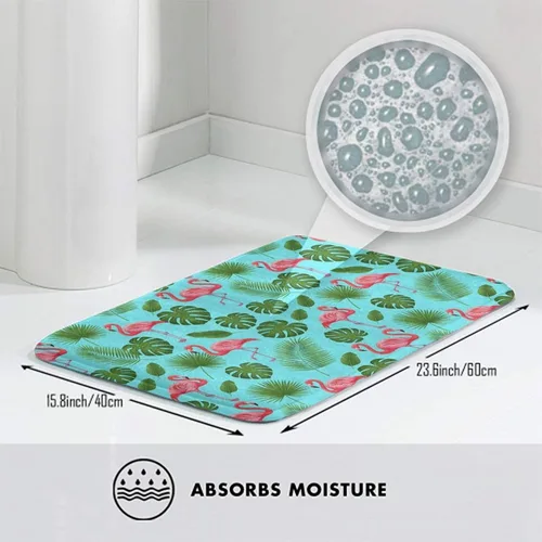 Miniatura 3 de Alfombra de cocina de poliéster antideslizante verde con hojas de plátano y palmeras tropicales, bonito pájaro exótico, flamenco rosa, tapete