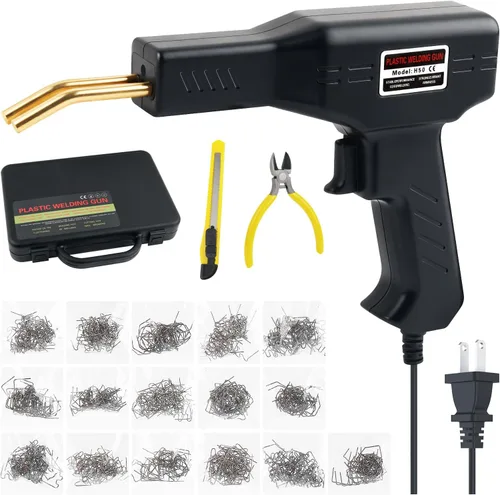 Kit de soldador de plástico para automóvil, kit de soldadura de plástico portátil que incluye 4 tipos/800 grapas para reparar piezas de plástico